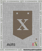 A taped needlepoint canvas with the design: Banner 13 mesh count Pointed X White on Brown.