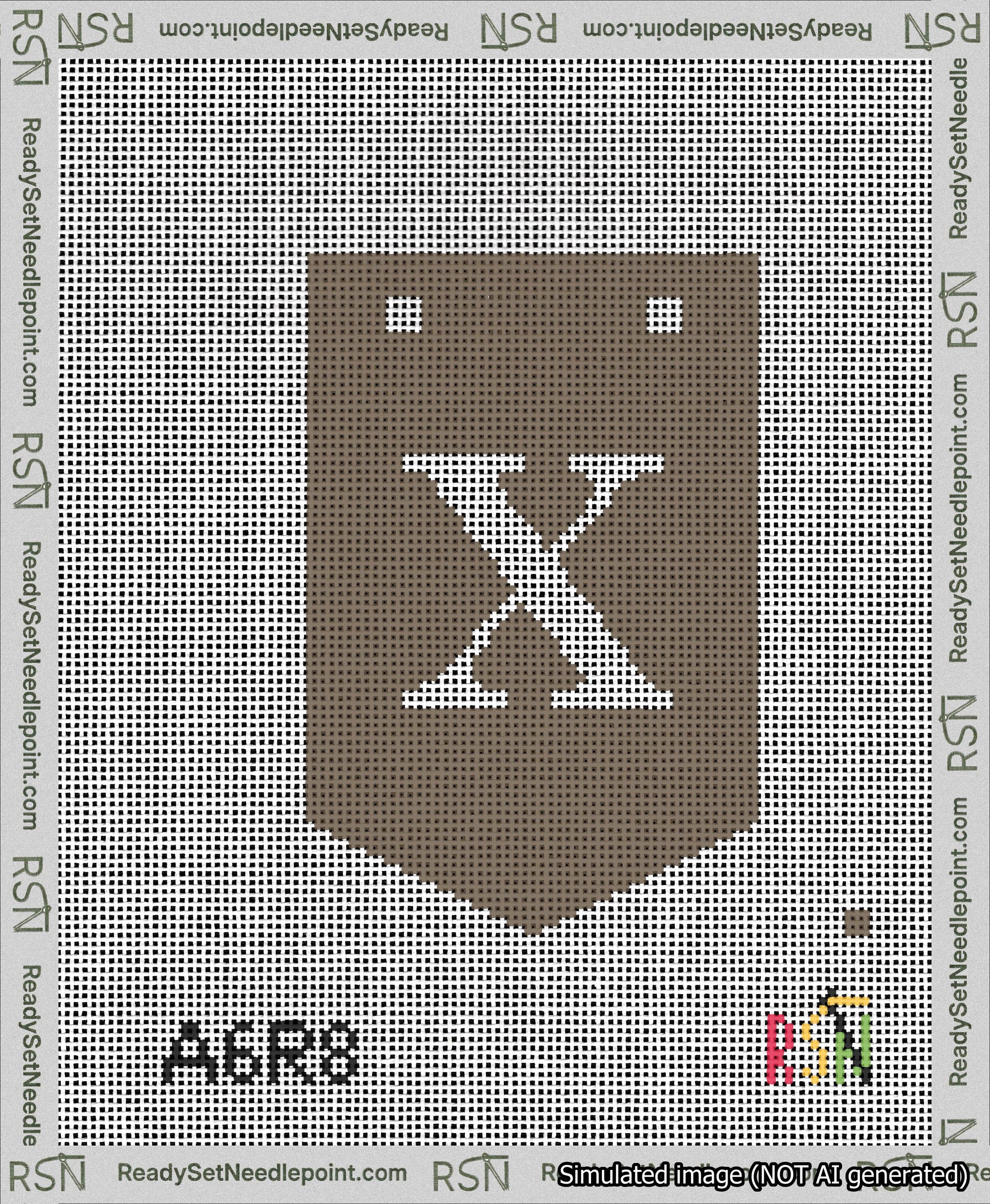 A taped needlepoint canvas with the design: Banner 13 mesh count Pointed X White on Brown.