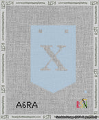 A taped needlepoint canvas with the design: Banner 13 mesh count Pointed X White on Light Blue.