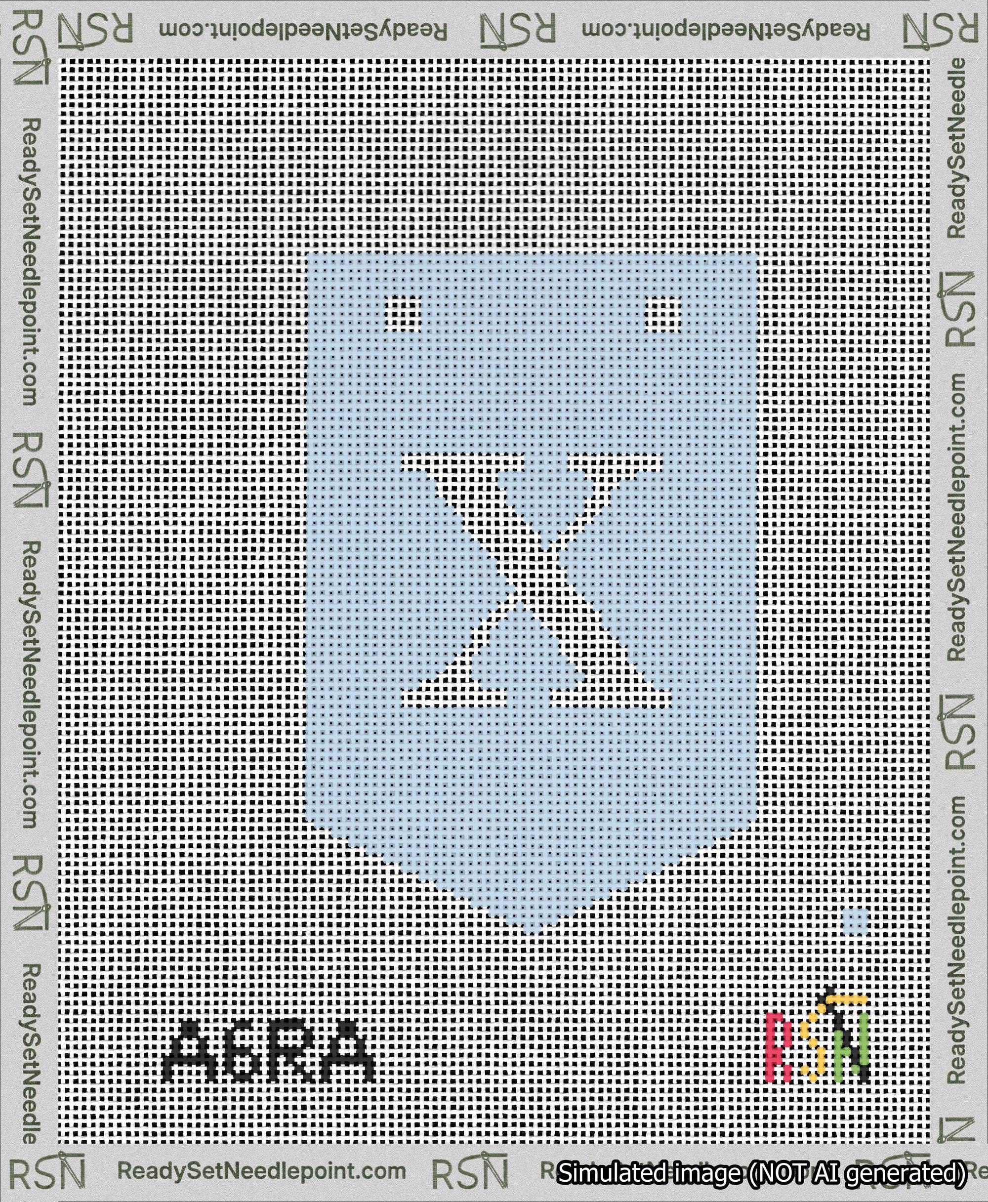 A taped needlepoint canvas with the design: Banner 13 mesh count Pointed X White on Light Blue.
