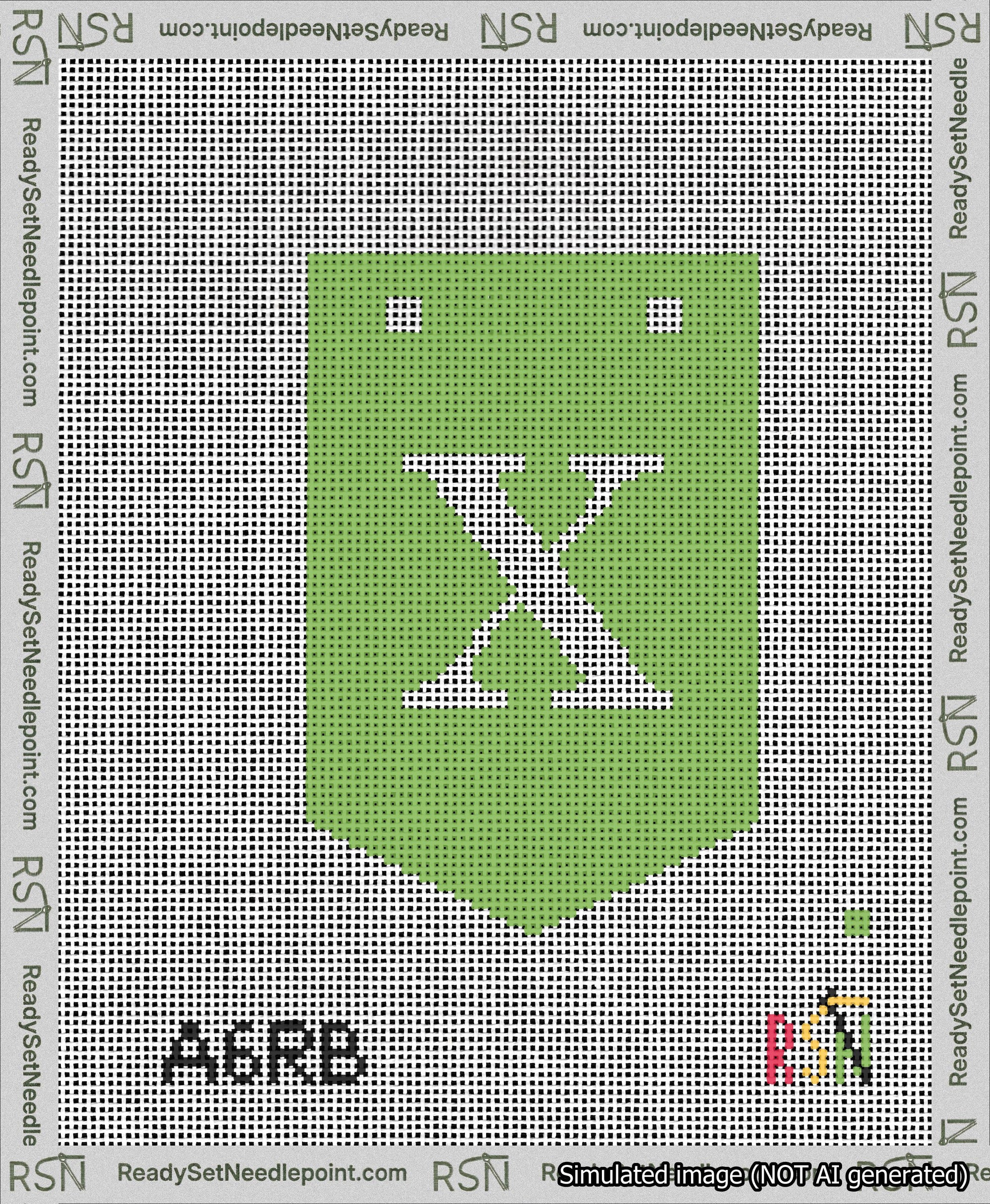 A taped needlepoint canvas with the design: Banner 13 mesh count Pointed X White on Light Green.