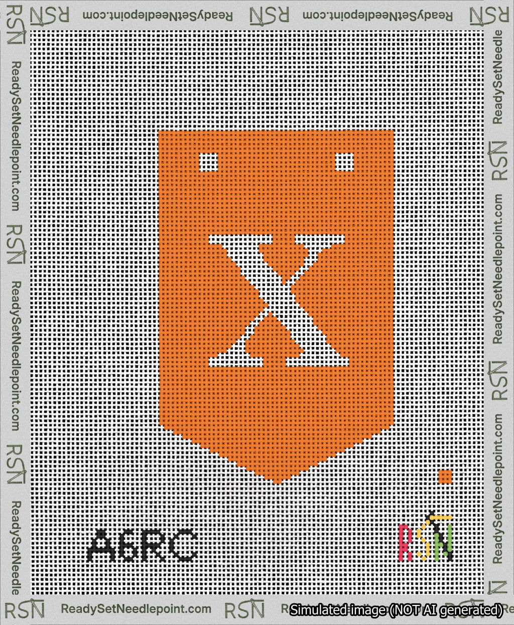A taped needlepoint canvas with the design: Banner 13 mesh count Pointed X White on Orange.