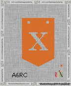 A taped needlepoint canvas with the design: Banner 13 mesh count Pointed X White on Orange.