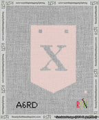 A taped needlepoint canvas with the design: Banner 13 mesh count Pointed X White on Pink.