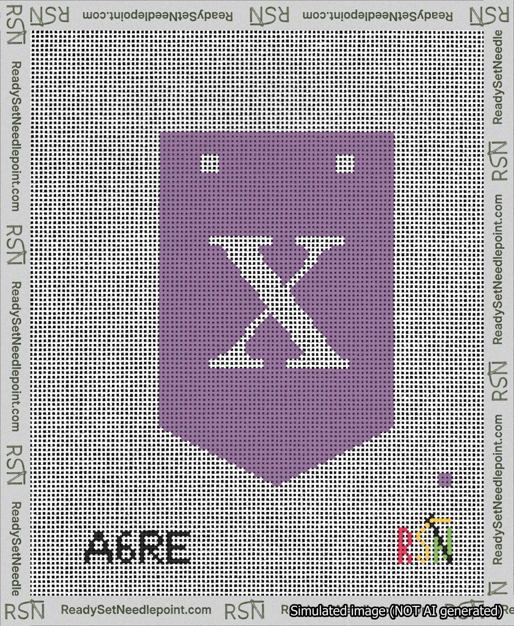 A taped needlepoint canvas with the design: Banner 13 mesh count Pointed X White on Purple.