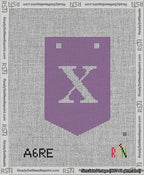 A taped needlepoint canvas with the design: Banner 13 mesh count Pointed X White on Purple.