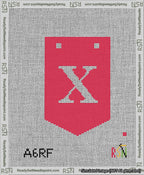 A taped needlepoint canvas with the design: Banner 13 mesh count Pointed X White on Red.
