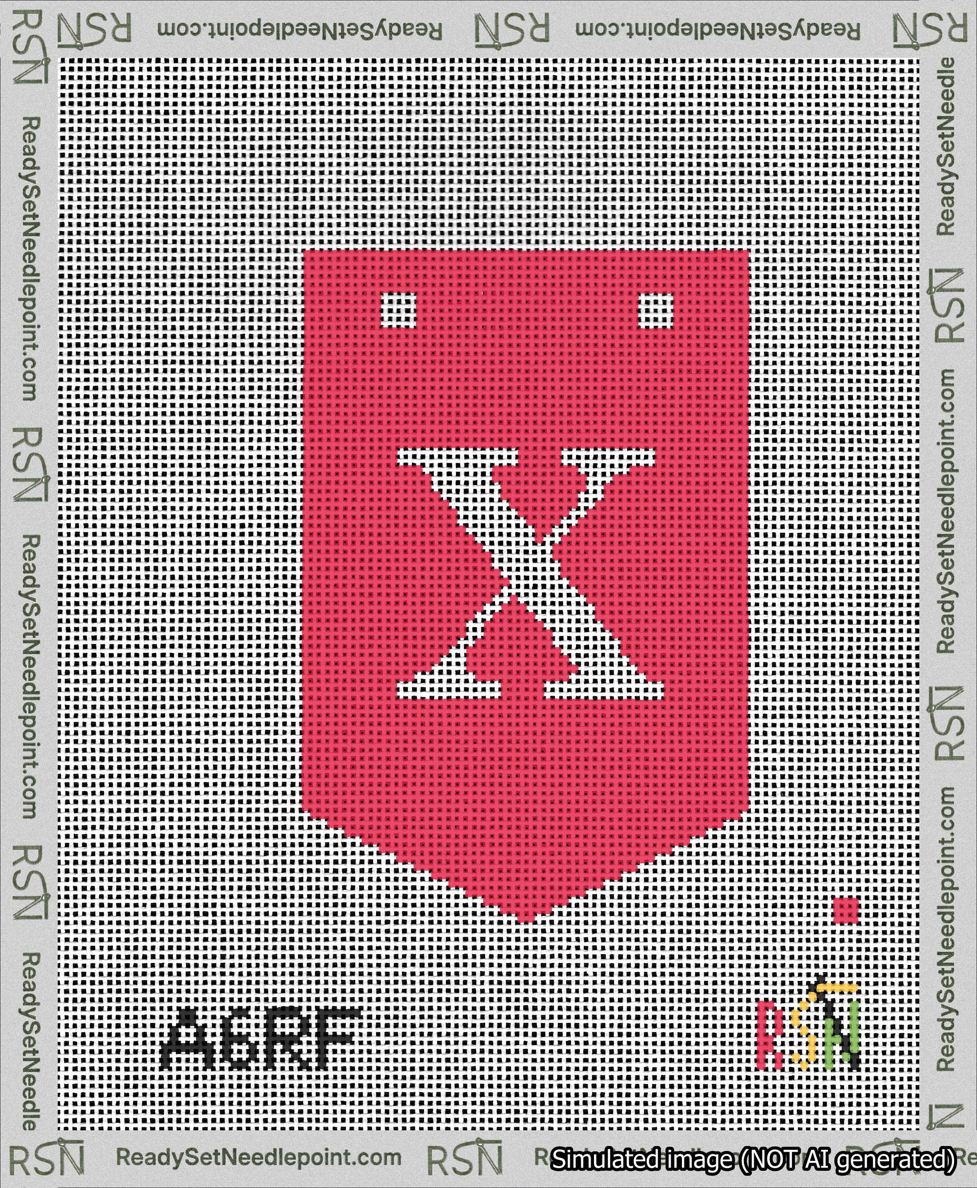A taped needlepoint canvas with the design: Banner 13 mesh count Pointed X White on Red.