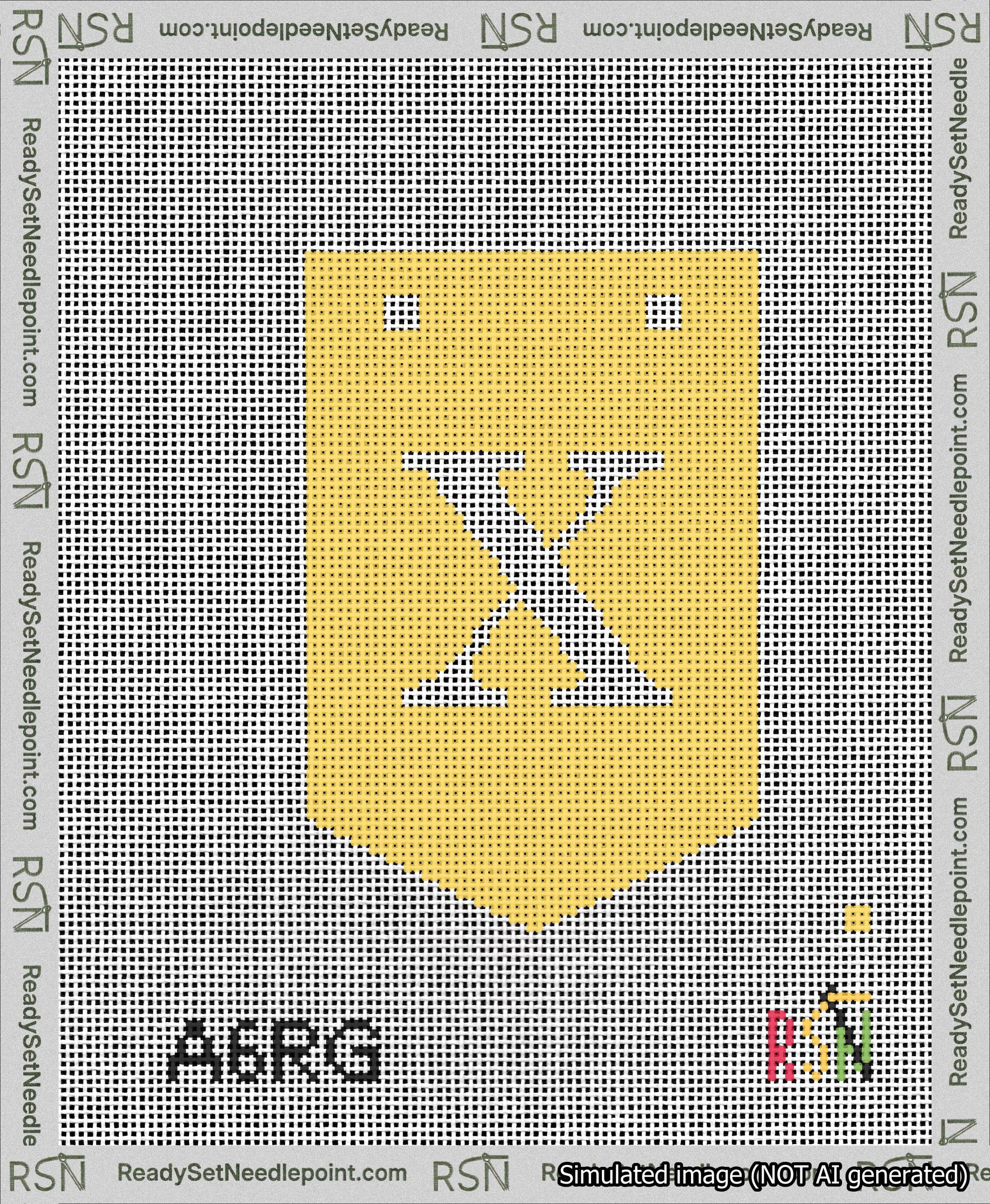 A taped needlepoint canvas with the design: Banner 13 mesh count Pointed X White on Yellow.