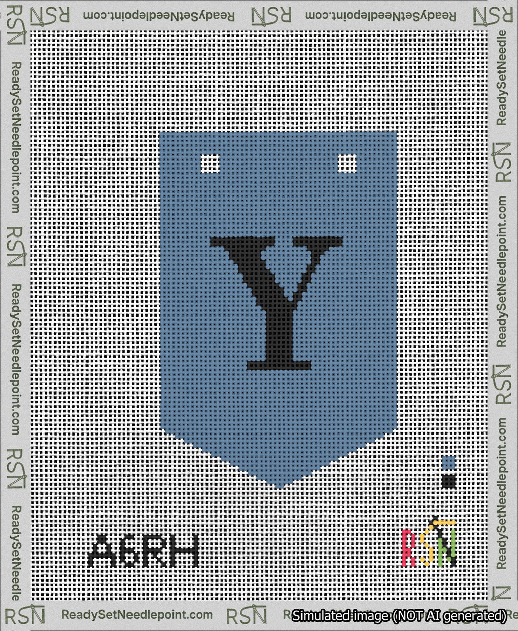 A taped needlepoint canvas with the design: Banner 13 mesh count Pointed Y Black on Blue.