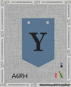 A taped needlepoint canvas with the design: Banner 13 mesh count Pointed Y Black on Blue.