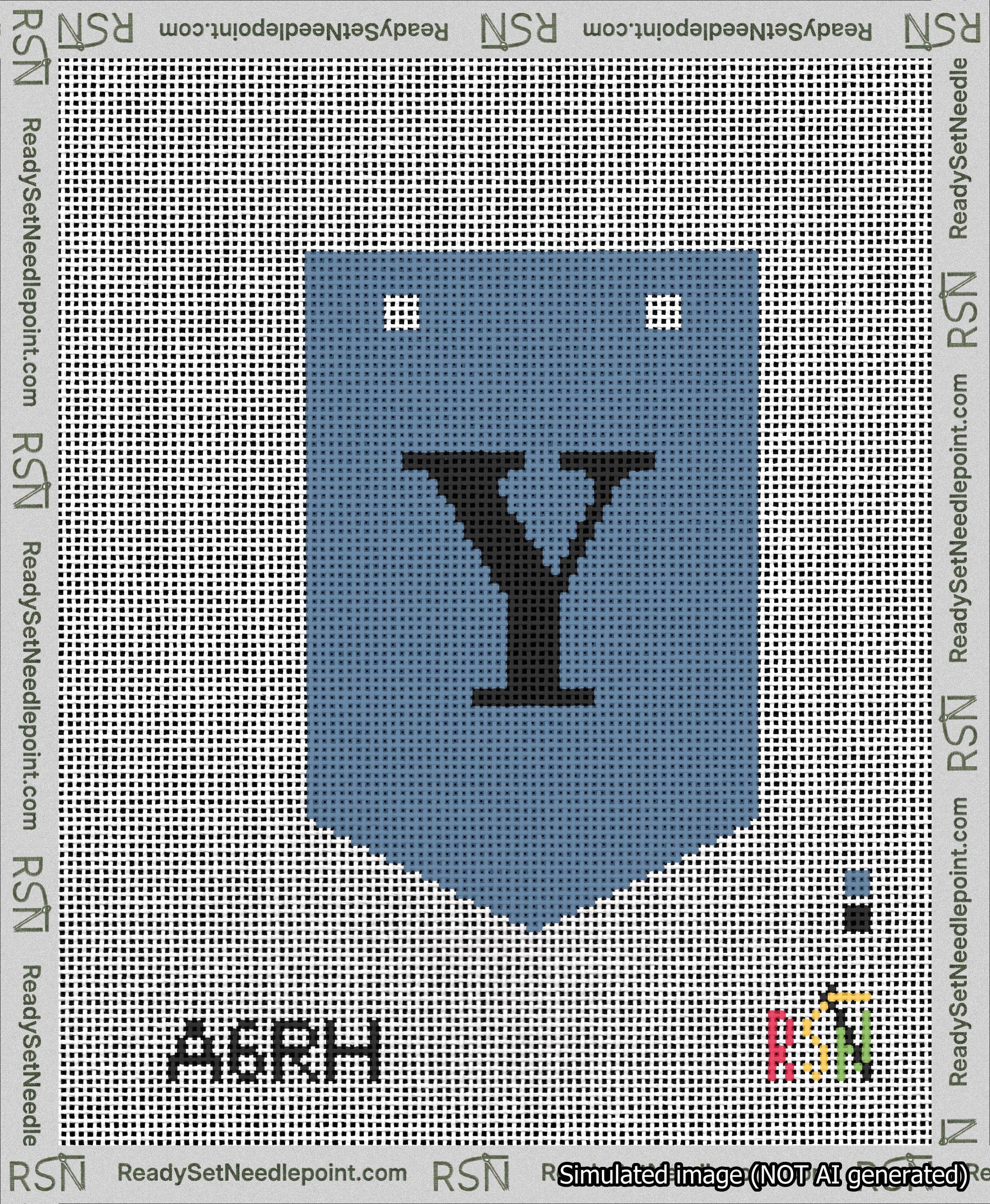 A taped needlepoint canvas with the design: Banner 13 mesh count Pointed Y Black on Blue.