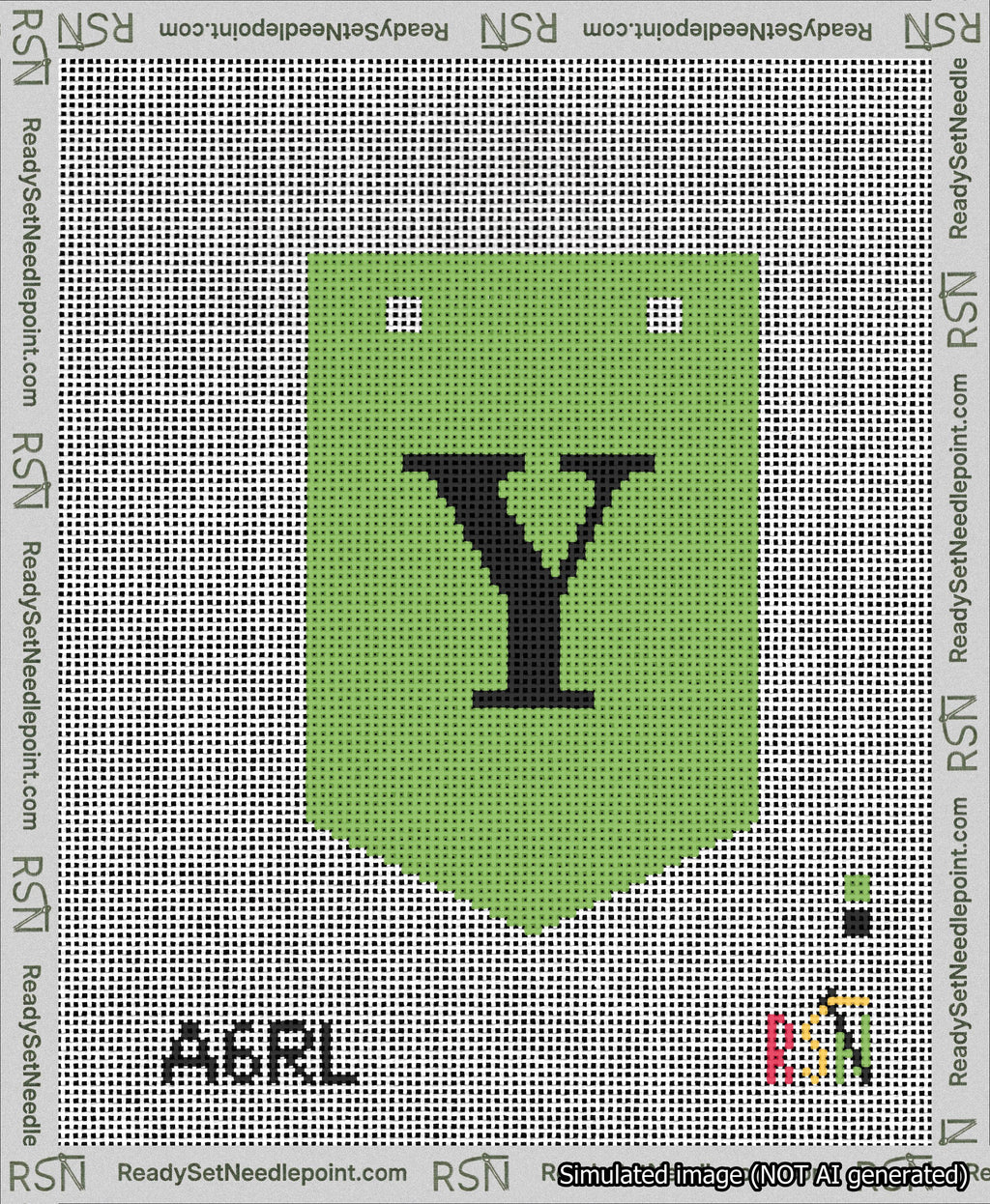 A taped needlepoint canvas with the design: Banner 13 mesh count Pointed Y Black on Light Green.