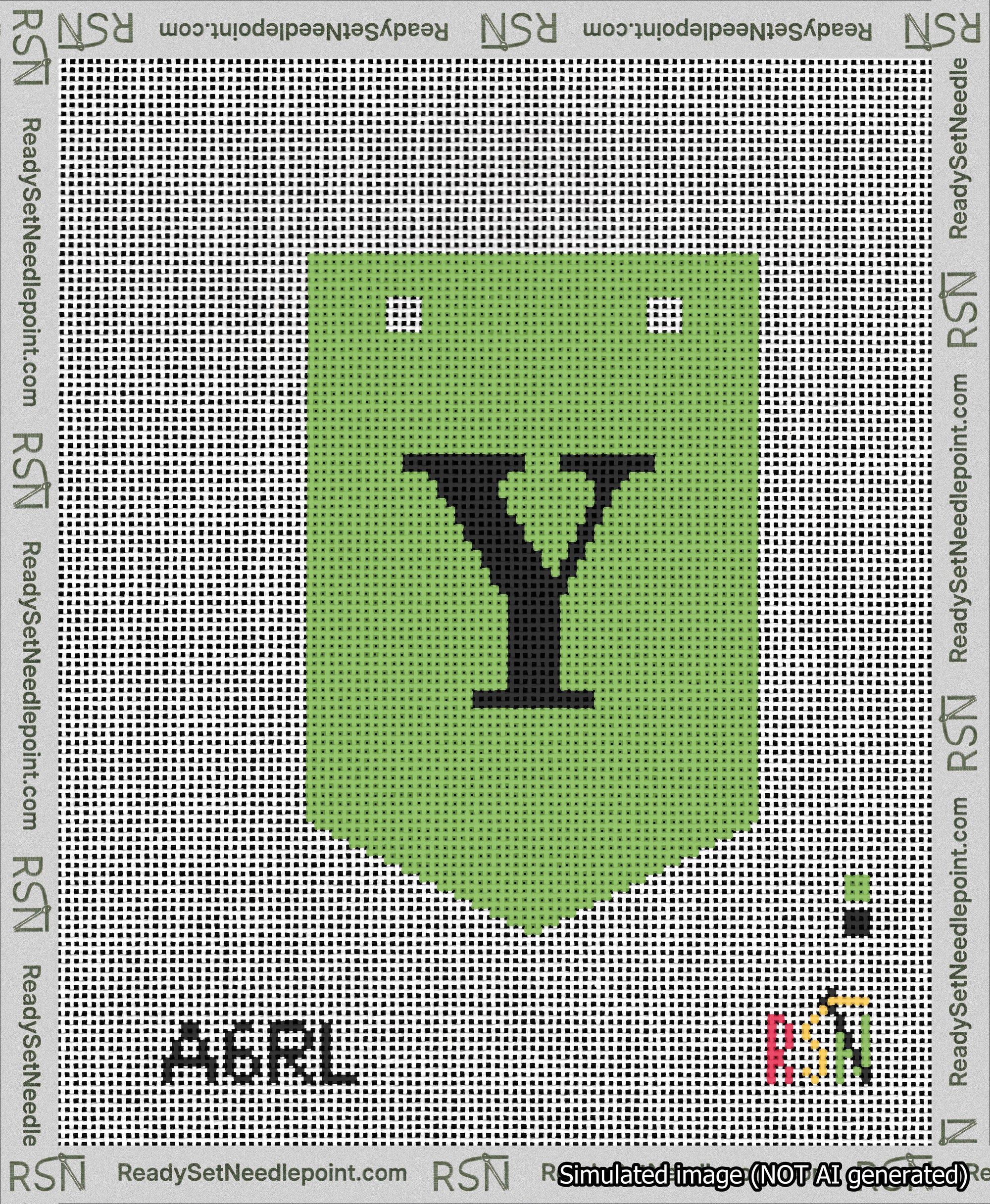 A taped needlepoint canvas with the design: Banner 13 mesh count Pointed Y Black on Light Green.