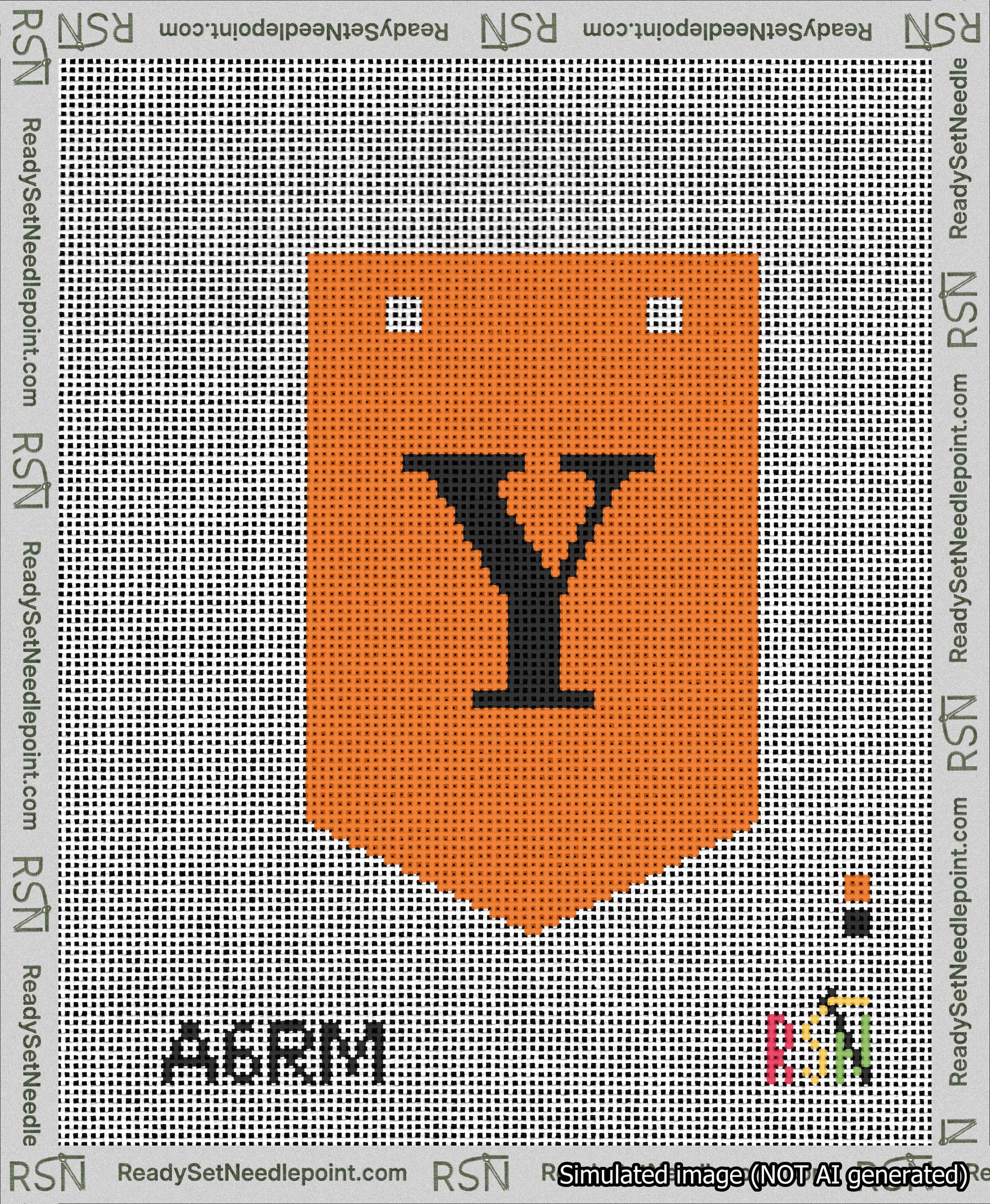 A taped needlepoint canvas with the design: Banner 13 mesh count Pointed Y Black on Orange.