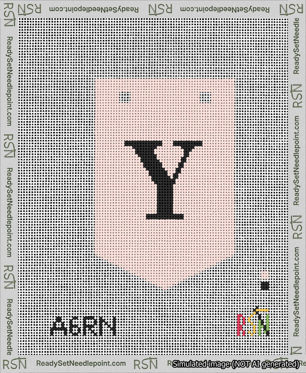 A taped needlepoint canvas with the design: Banner 13 mesh count Pointed Y Black on Pink.