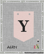 A taped needlepoint canvas with the design: Banner 13 mesh count Pointed Y Black on Pink.