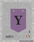 A taped needlepoint canvas with the design: Banner 13 mesh count Pointed Y Black on Purple.