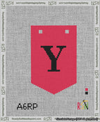 A taped needlepoint canvas with the design: Banner 13 mesh count Pointed Y Black on Red.