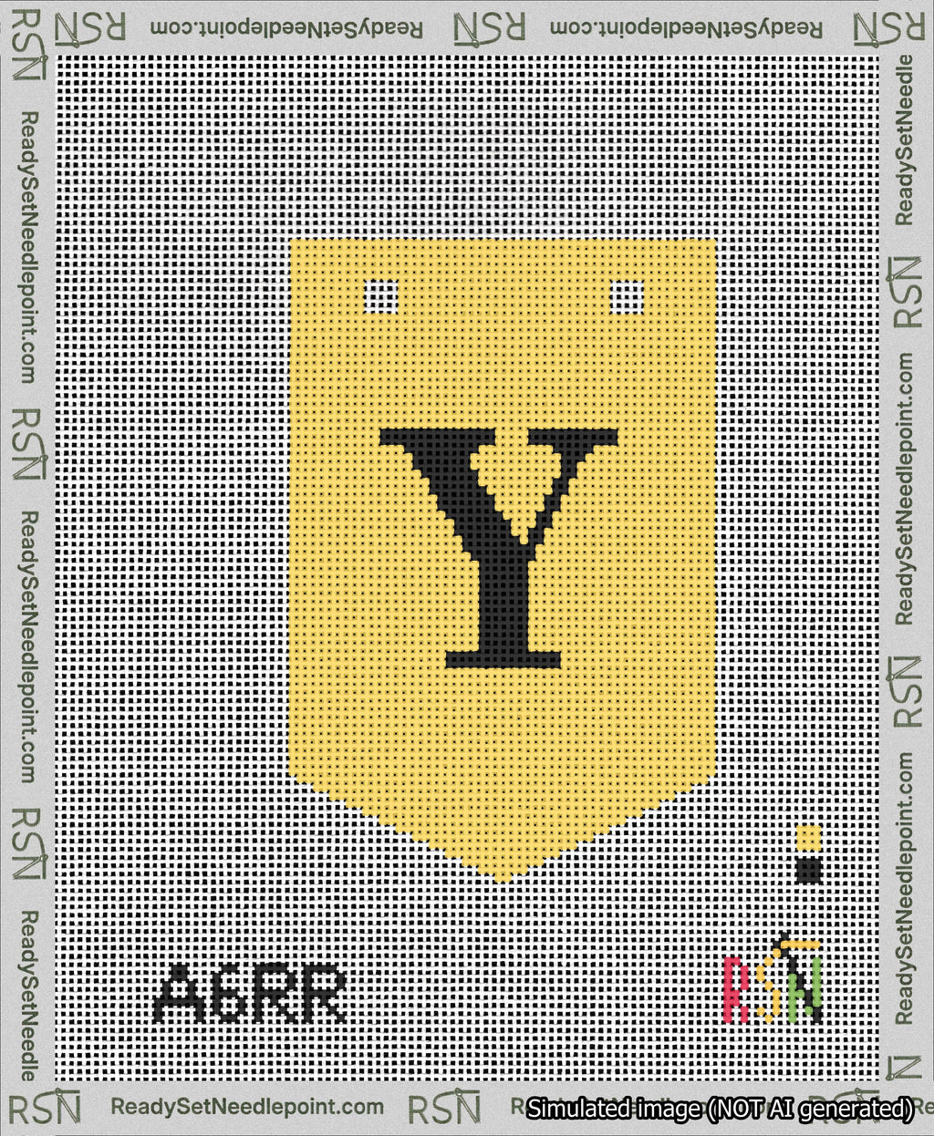 A taped needlepoint canvas with the design: Banner 13 mesh count Pointed Y Black on Yellow.