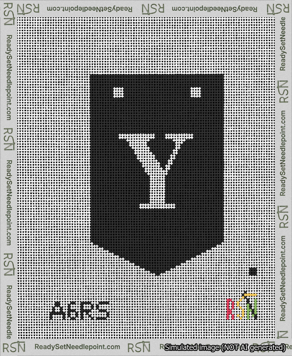 A taped needlepoint canvas with the design: Banner 13 mesh count Pointed Y White on Black.