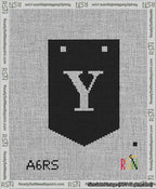 A taped needlepoint canvas with the design: Banner 13 mesh count Pointed Y White on Black.