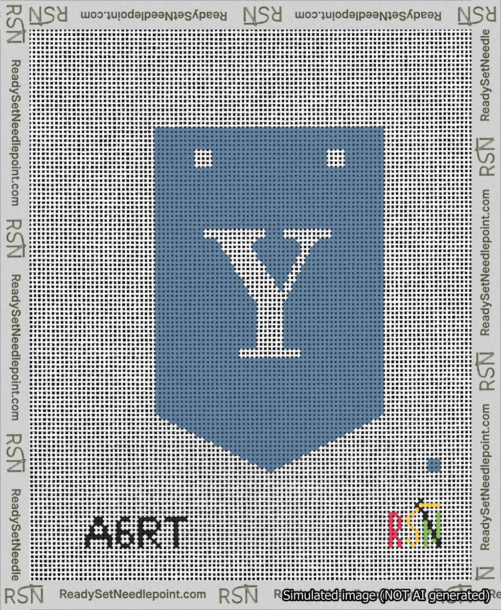 A taped needlepoint canvas with the design: Banner 13 mesh count Pointed Y White on Blue.