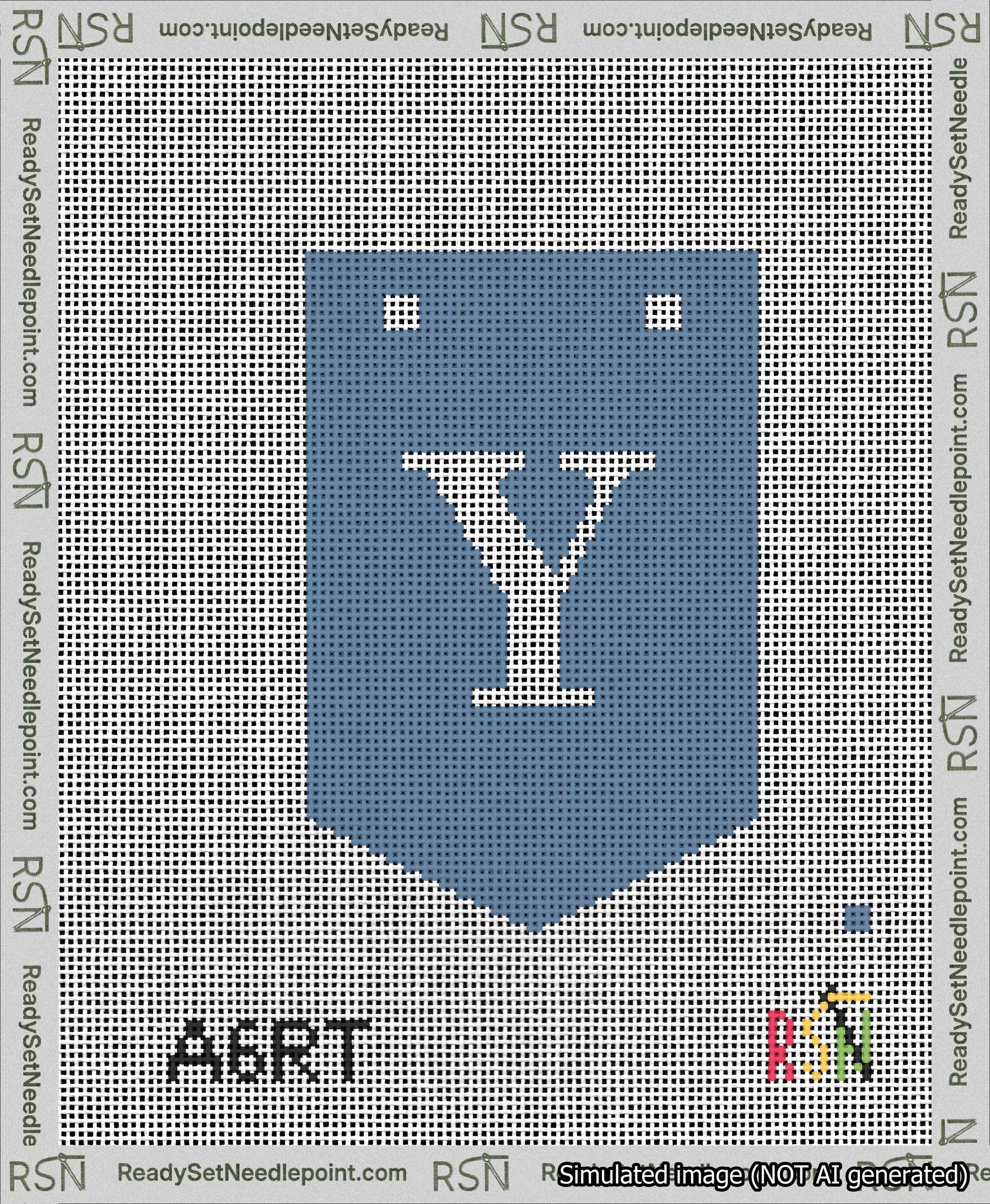 A taped needlepoint canvas with the design: Banner 13 mesh count Pointed Y White on Blue.