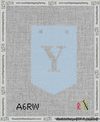A taped needlepoint canvas with the design: Banner 13 mesh count Pointed Y White on Light Blue.