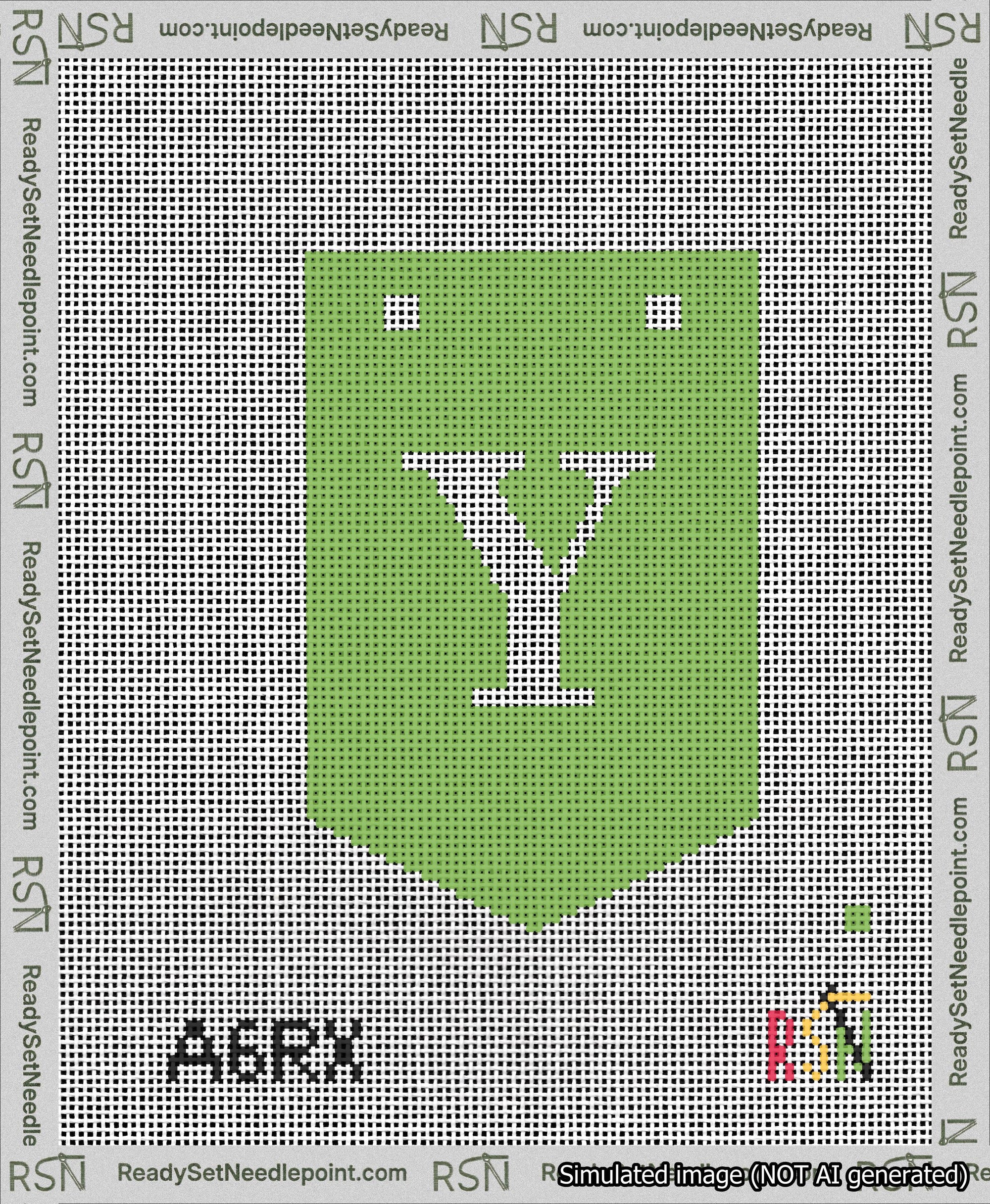 A taped needlepoint canvas with the design: Banner 13 mesh count Pointed Y White on Light Green.