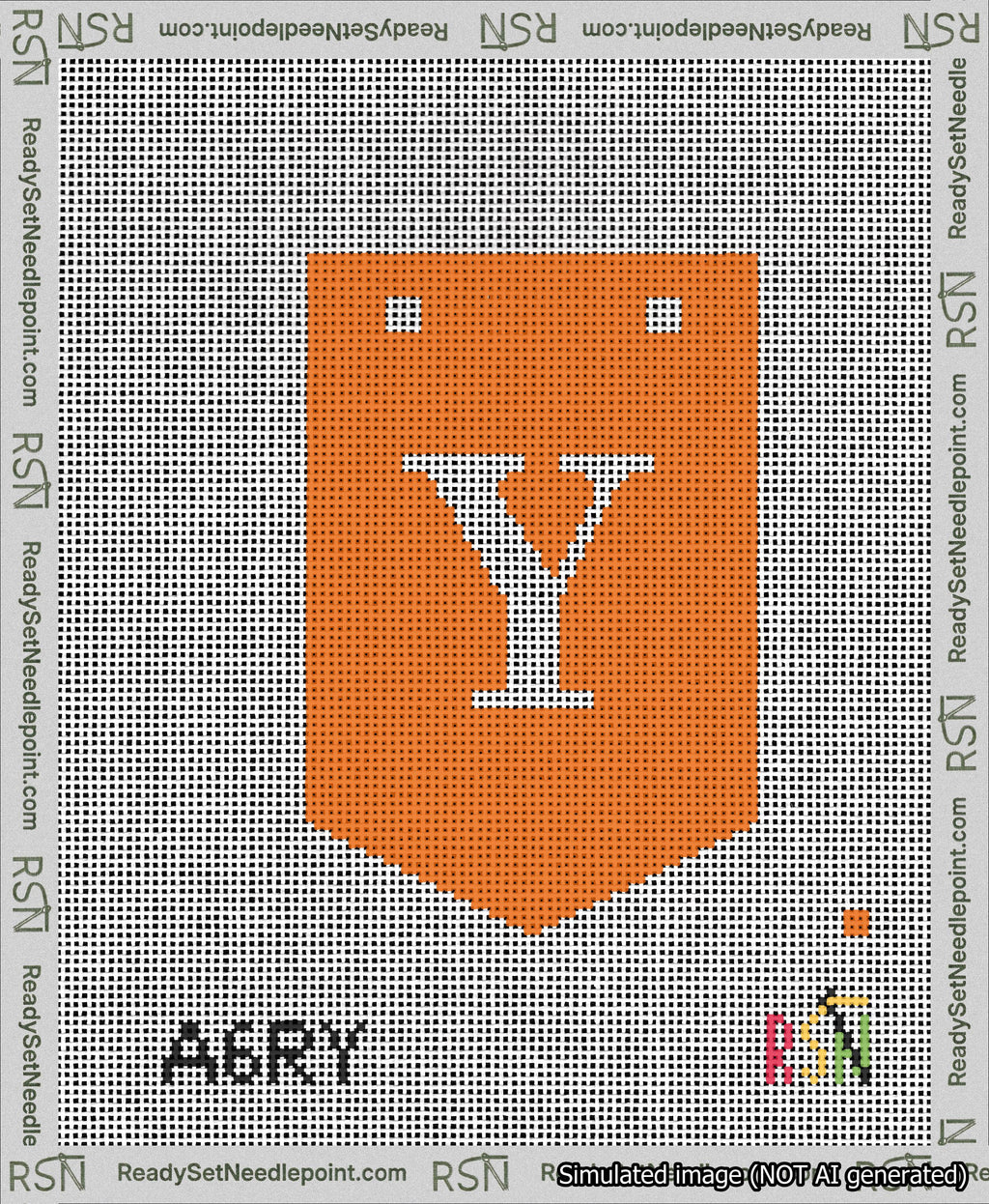 A taped needlepoint canvas with the design: Banner 13 mesh count Pointed Y White on Orange.