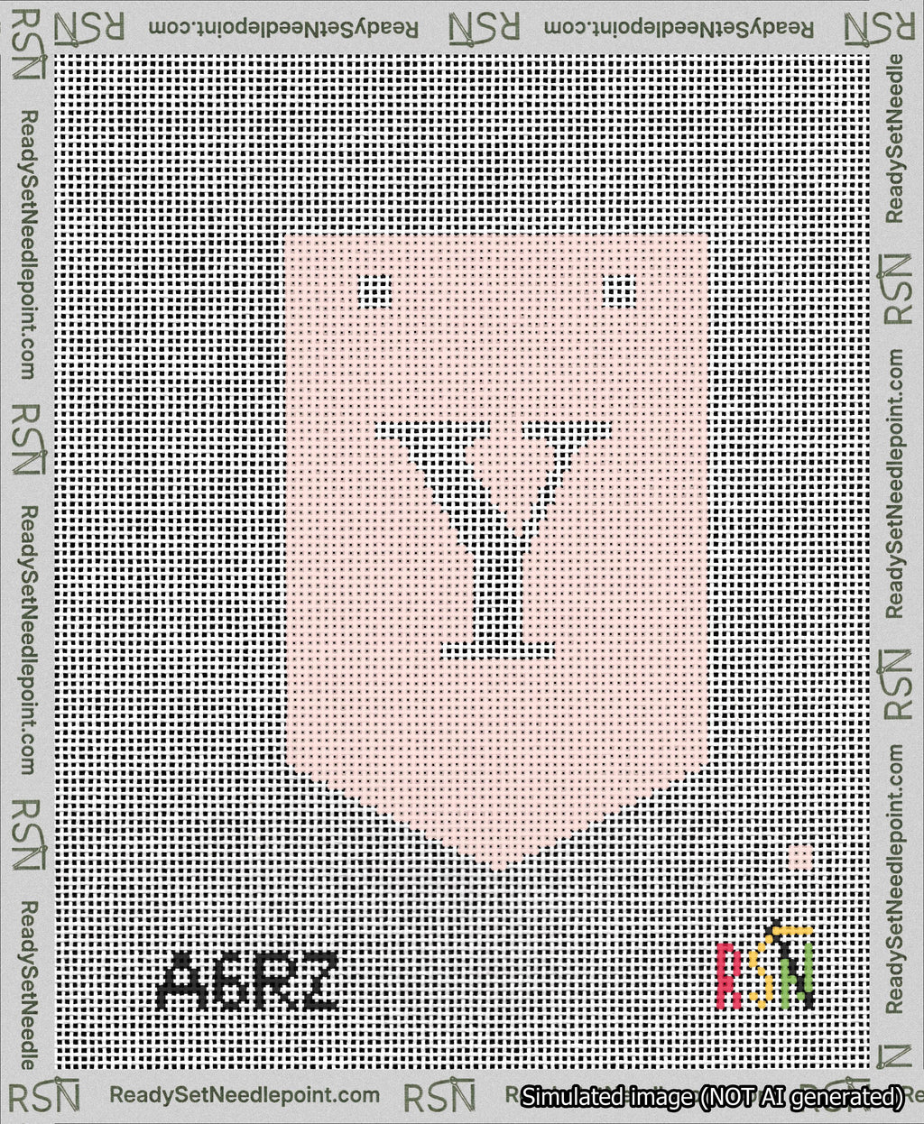 A taped needlepoint canvas with the design: Banner 13 mesh count Pointed Y White on Pink.