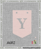 A taped needlepoint canvas with the design: Banner 13 mesh count Pointed Y White on Pink.
