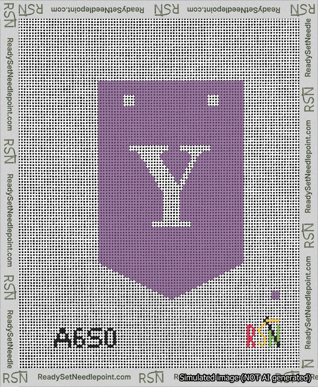 A taped needlepoint canvas with the design: Banner 13 mesh count Pointed Y White on Purple.