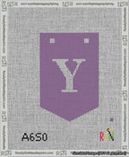 A taped needlepoint canvas with the design: Banner 13 mesh count Pointed Y White on Purple.