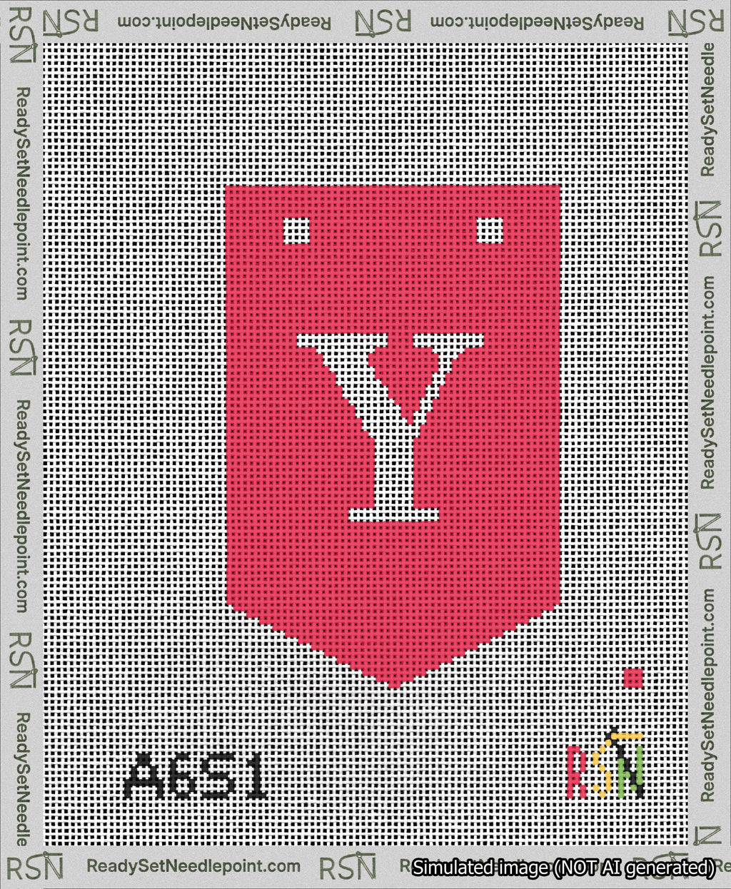 A taped needlepoint canvas with the design: Banner 13 mesh count Pointed Y White on Red.
