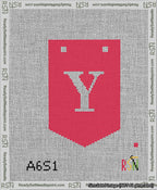 A taped needlepoint canvas with the design: Banner 13 mesh count Pointed Y White on Red.