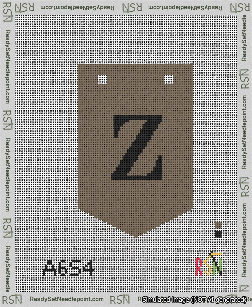 A taped needlepoint canvas with the design: Banner 13 mesh count Pointed Z Black on Brown.