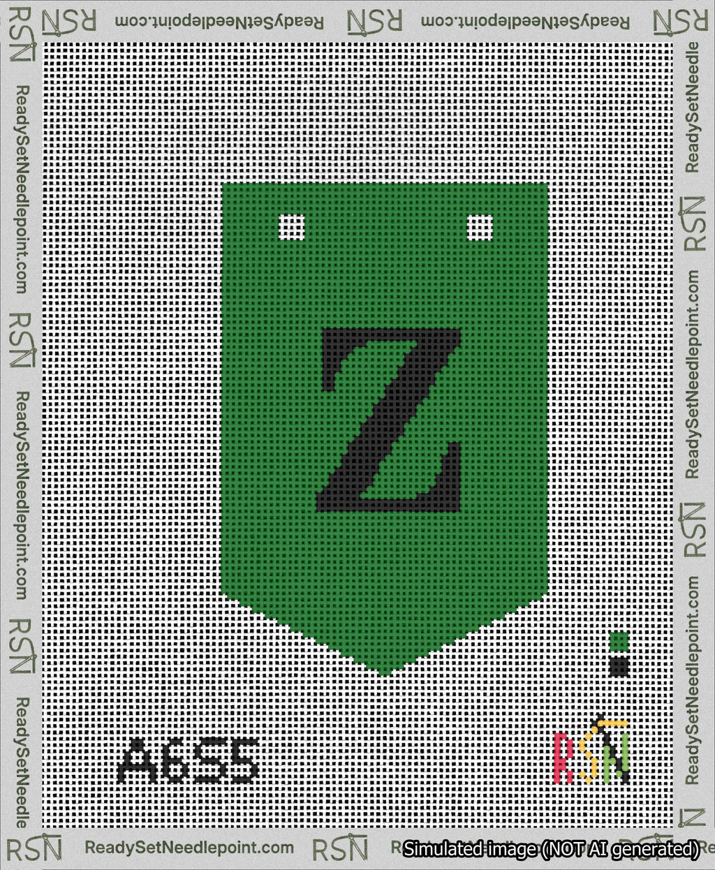 A taped needlepoint canvas with the design: Banner 13 mesh count Pointed Z Black on Green.