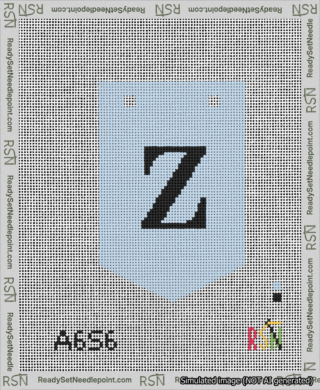 A taped needlepoint canvas with the design: Banner 13 mesh count Pointed Z Black on Light Blue.