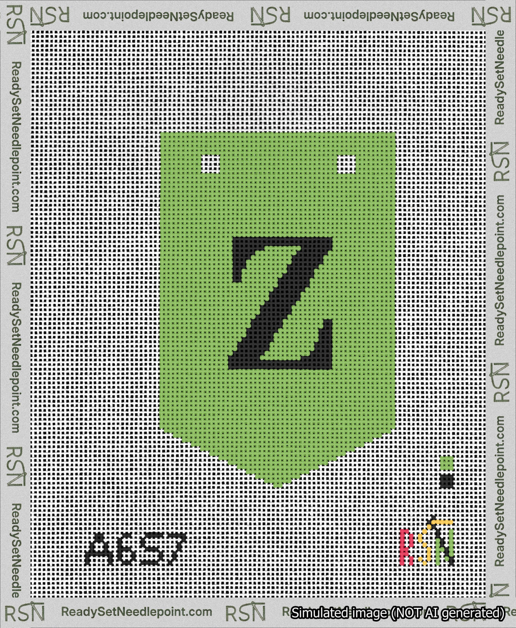 A taped needlepoint canvas with the design: Banner 13 mesh count Pointed Z Black on Light Green.