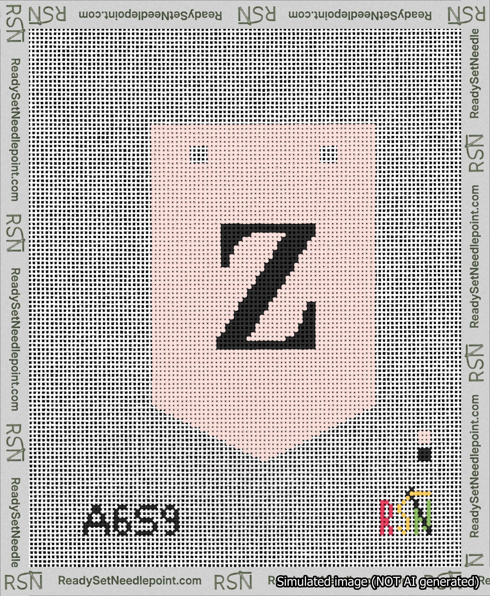 A taped needlepoint canvas with the design: Banner 13 mesh count Pointed Z Black on Pink.