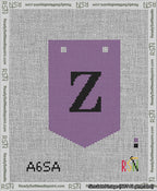 A taped needlepoint canvas with the design: Banner 13 mesh count Pointed Z Black on Purple.