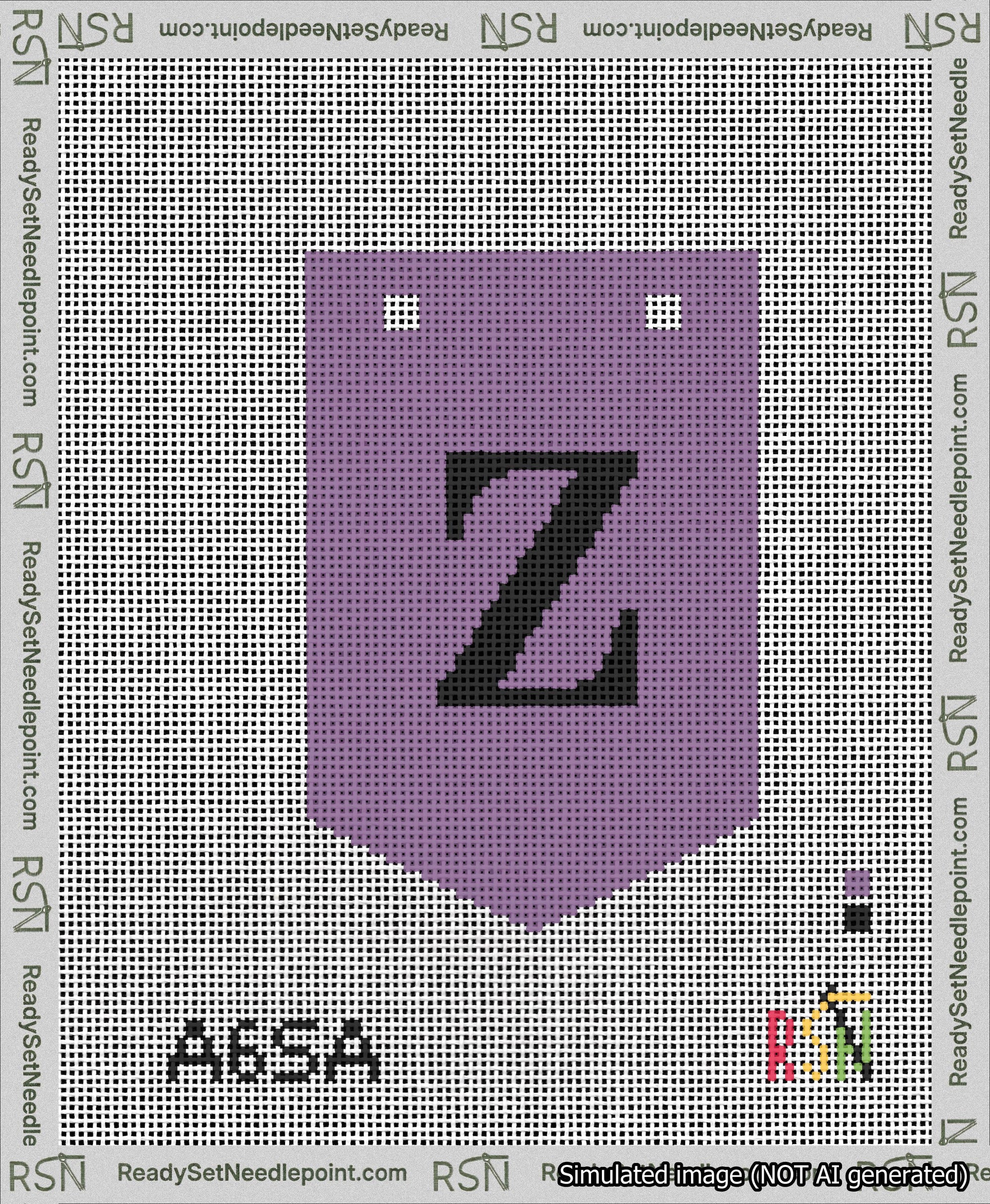 A taped needlepoint canvas with the design: Banner 13 mesh count Pointed Z Black on Purple.