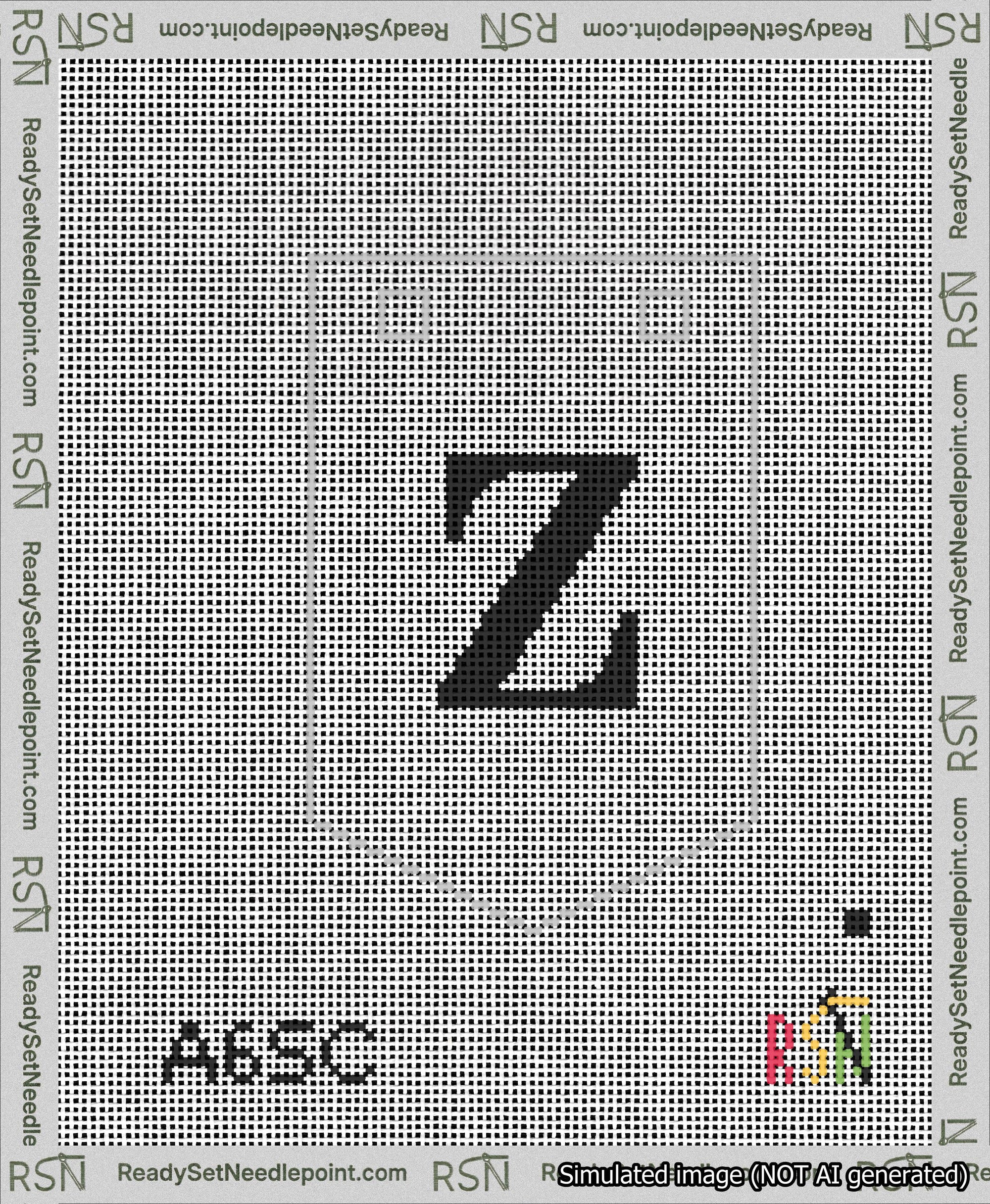 A taped needlepoint canvas with the design: Banner 13 mesh count Pointed Z Black on White.