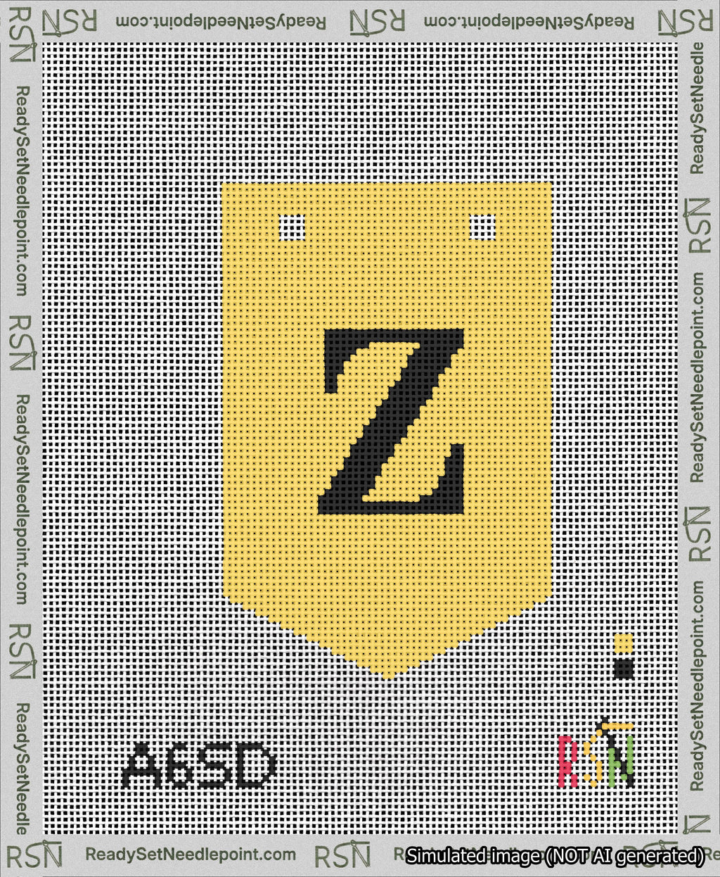 A taped needlepoint canvas with the design: Banner 13 mesh count Pointed Z Black on Yellow.