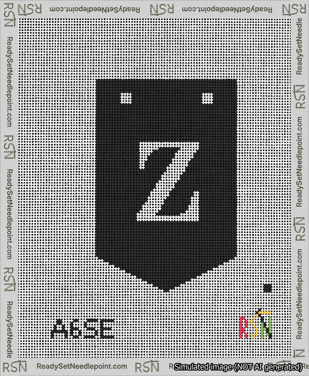 A taped needlepoint canvas with the design: Banner 13 mesh count Pointed Z White on Black.
