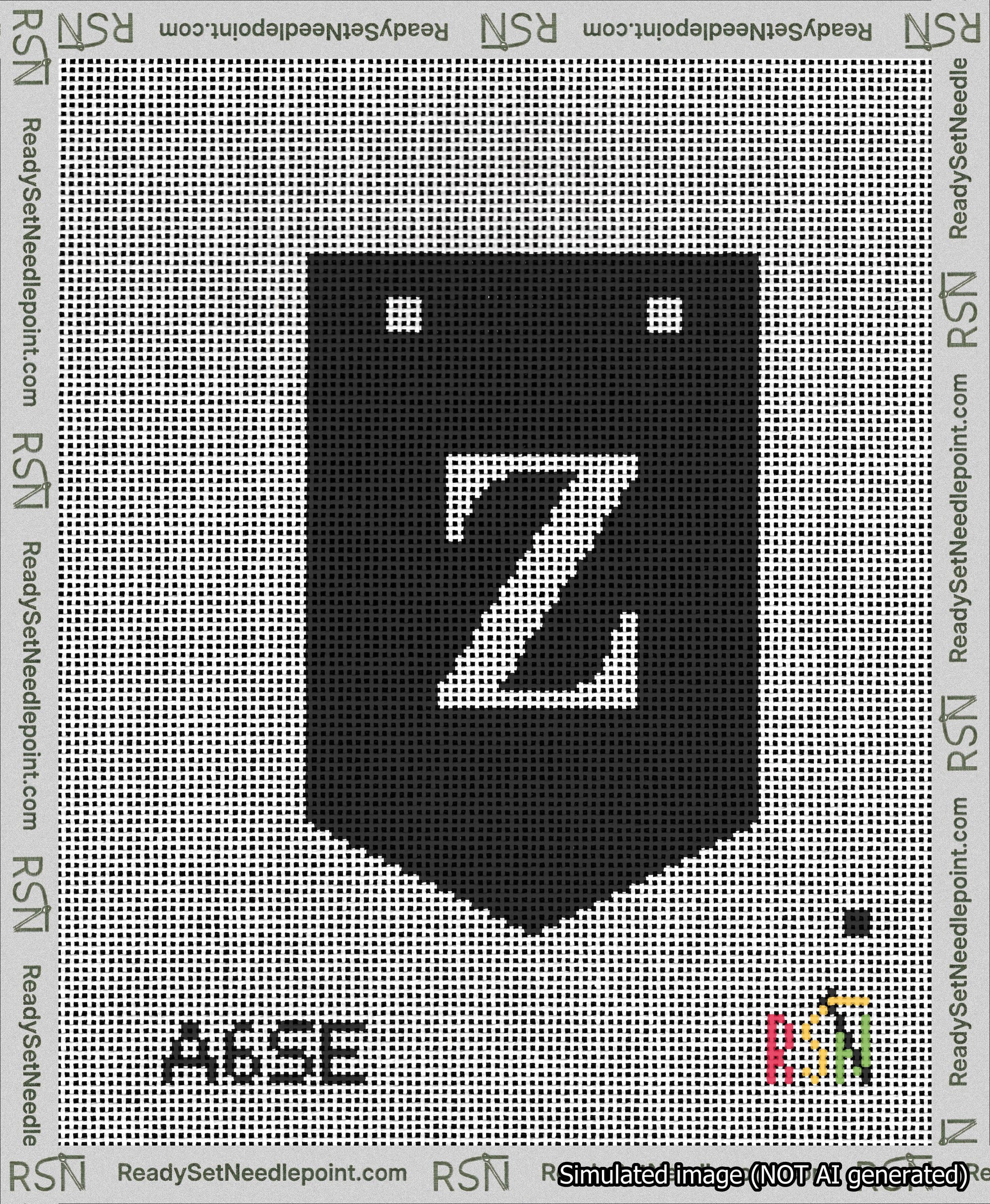 A taped needlepoint canvas with the design: Banner 13 mesh count Pointed Z White on Black.