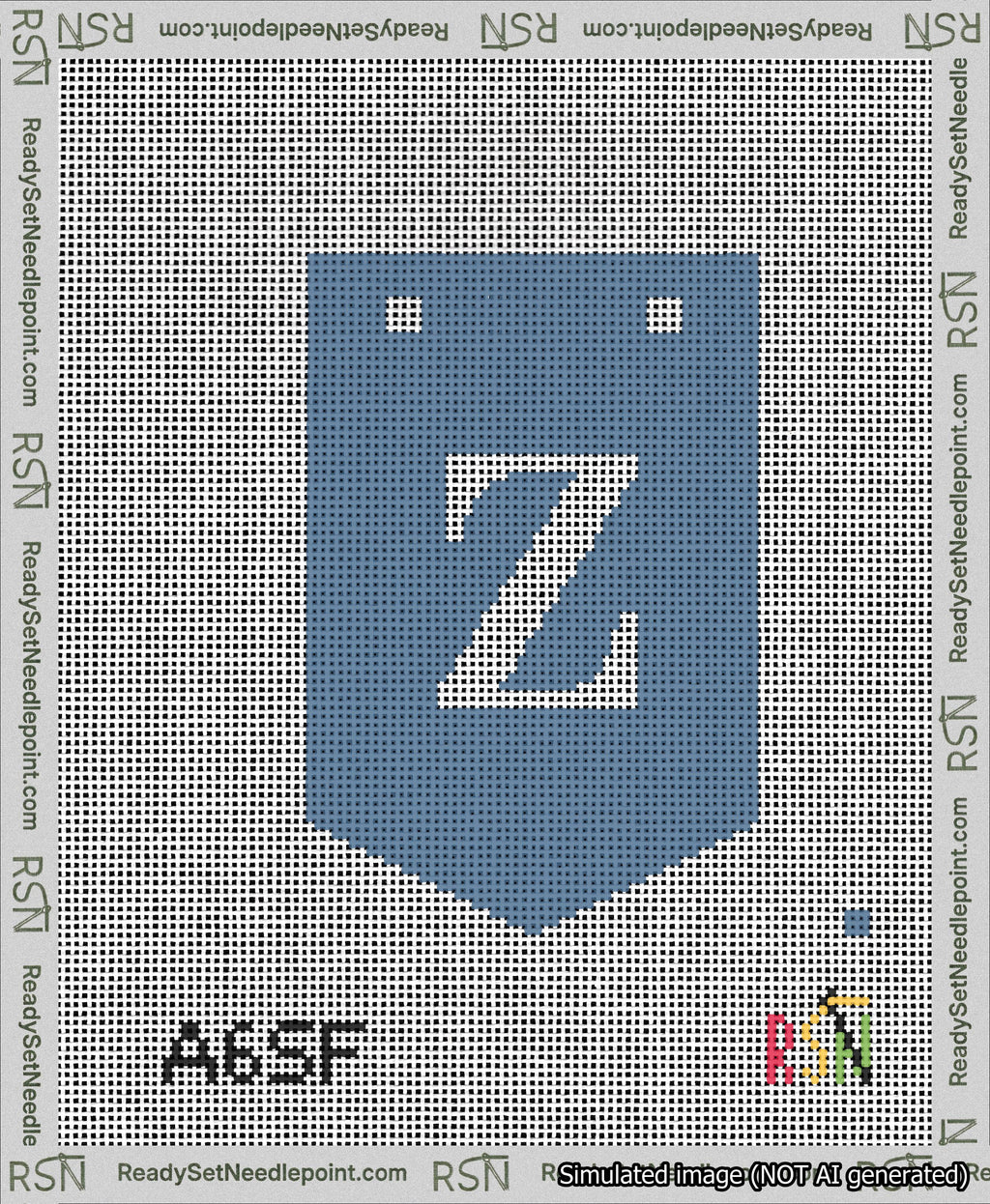 A taped needlepoint canvas with the design: Banner 13 mesh count Pointed Z White on Blue.