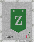 A taped needlepoint canvas with the design: Banner 13 mesh count Pointed Z White on Green.